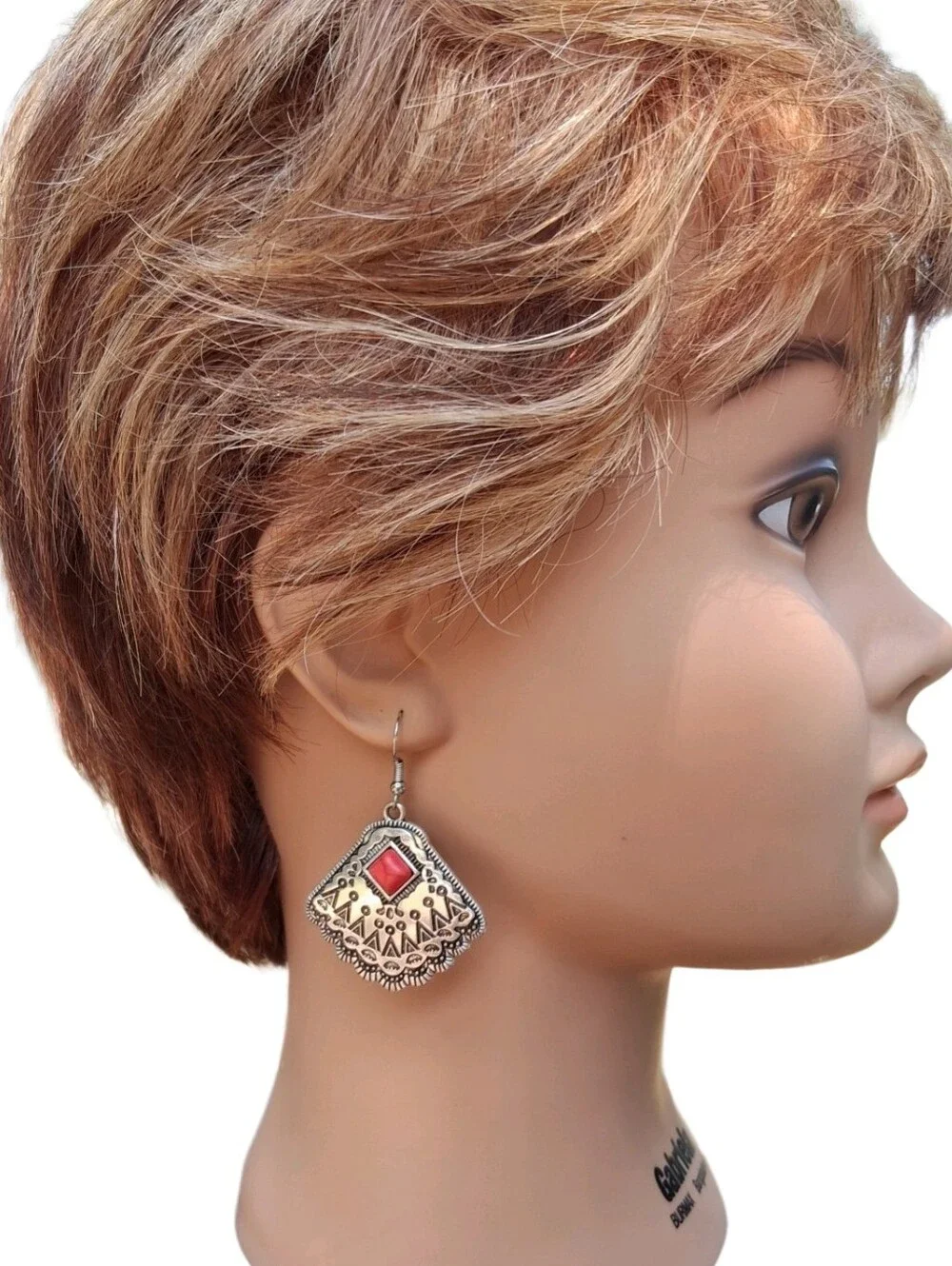 ​Western Silvertone Antique Fan Dangle Earrings with Red Stone Accent